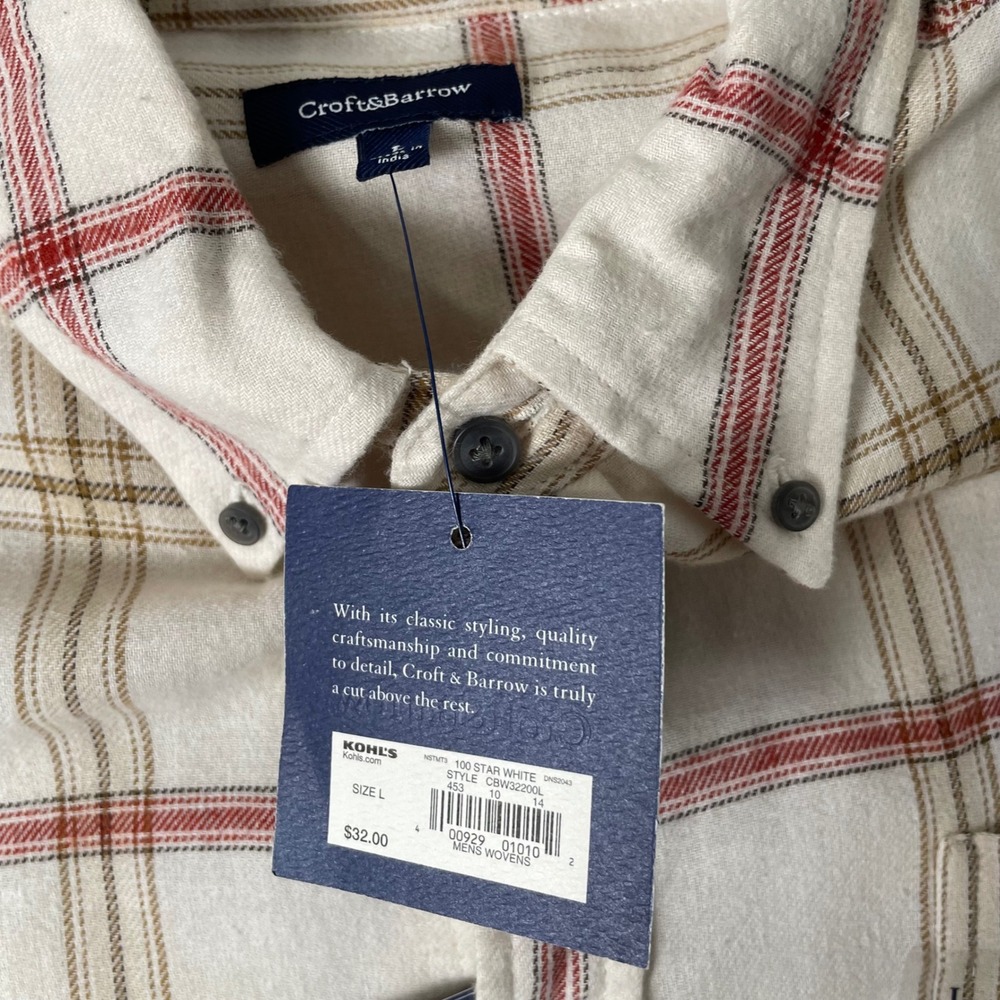 Croft and Barrow Flannel Mens Large Shirt NWT Cream Red Plaid Signature Classic - Picture 3 of 10
